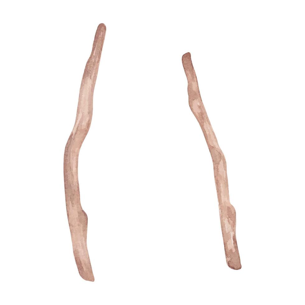 Wooden branch. Watercolor illustration. Object made of tree branches with texture. Nature design clipart. Hand drawn isolated art. Eco decor from sticks for rustic or botanical projects vector