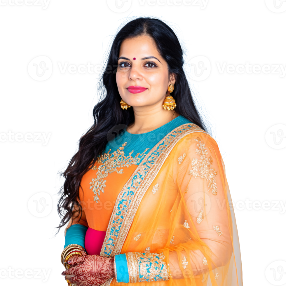 indian woman in orange and blue sari png
