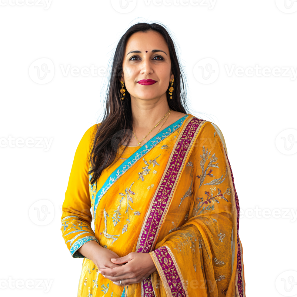 a woman in a yellow sari standing with her hands on her hips png