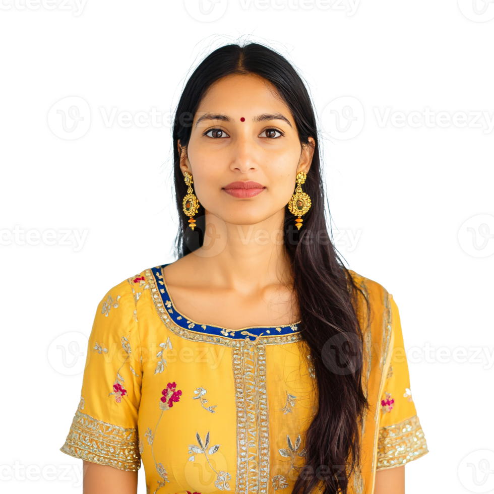 indian woman in yellow dress with earrings png