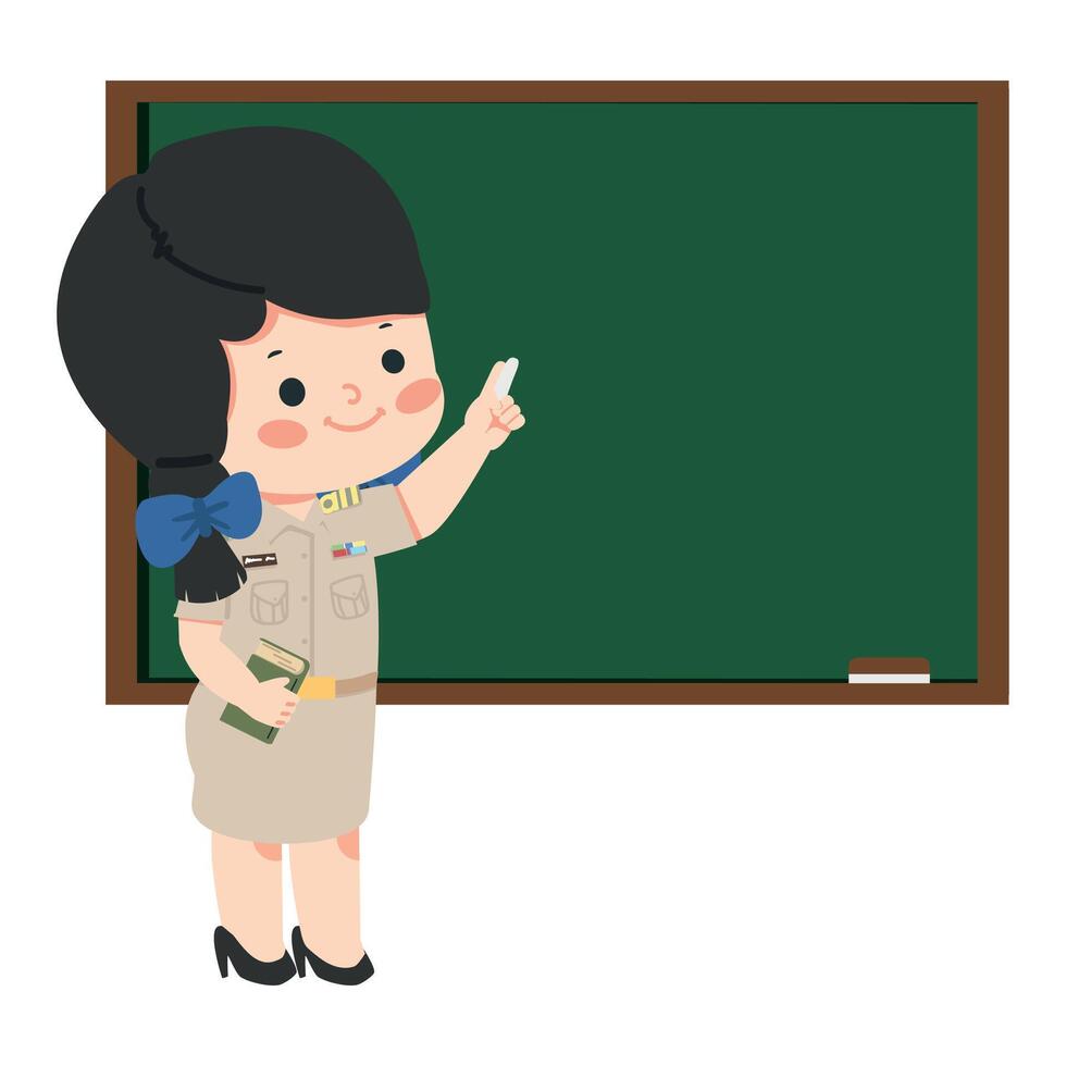 Teacher holding chalk and book in front of a green chalkboard vector