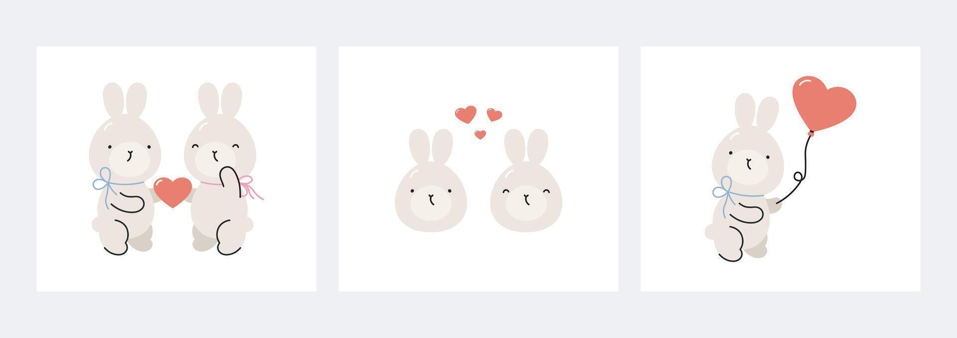 Valentine's day set with cute rabbits and hearts. Cartoon flat style. Valentine's day design. illustration. vector
