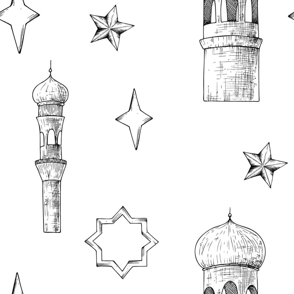 Islamic seamless pattern with minaret, stars. Graphic illustration mosque, tower isolated on white background. Muslim hand drawn line sketch, holiday Ramadan Kareem or Eid Al Adha 2025. For vector
