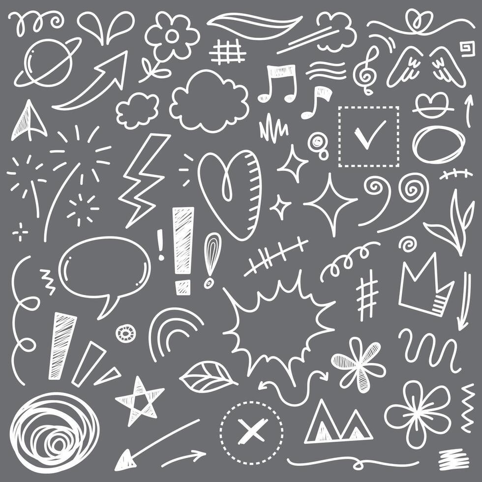Doodle collection of hand drawn cartoon expression sign doodles, curve direction arrows, emoticon effect design elements, cartoon character emotion symbols, cute decorative brush stroke lines. vector