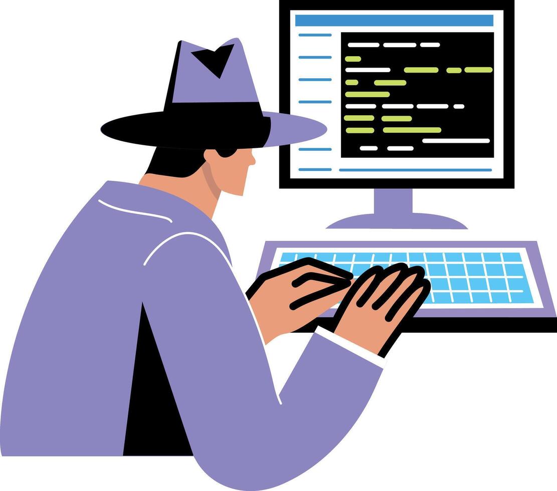 A character doing computer hacking, illustration in flat style vector