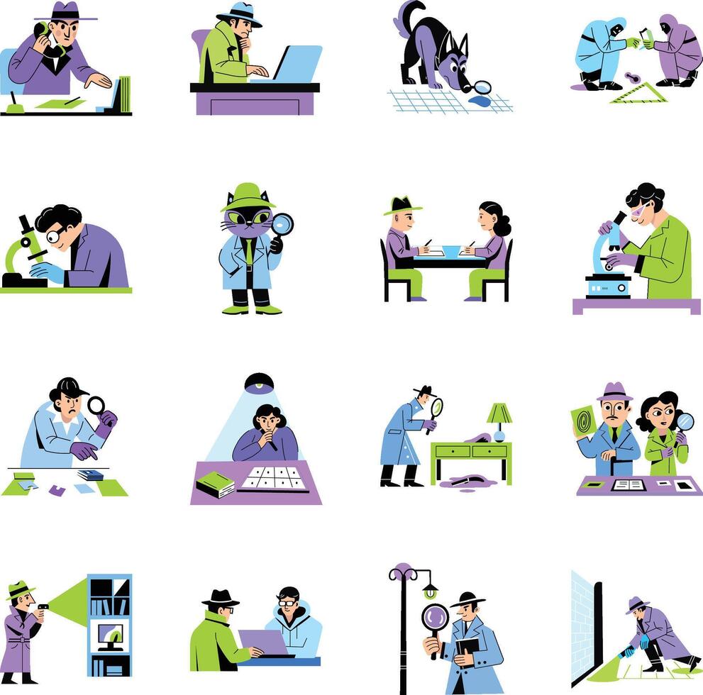 Collection of Flat Style Spy Agent Illustrations vector