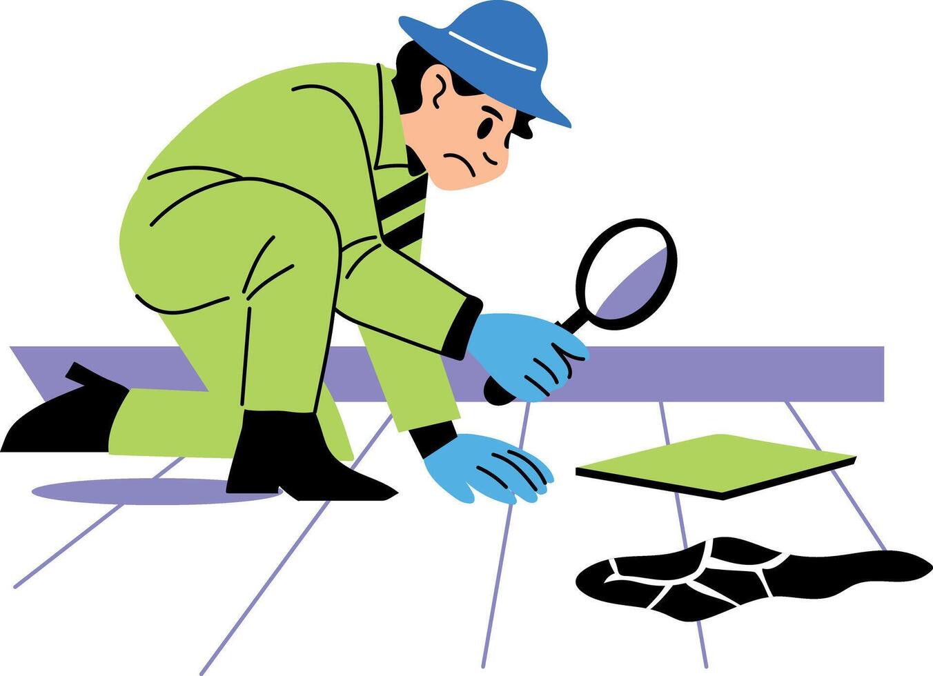 A flat illustration of detective examining crime scene vector