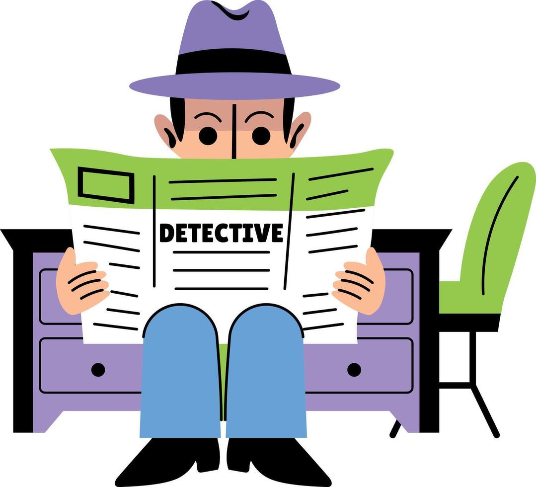 Detective hiding his face behind the newspaper, flat style illustration vector