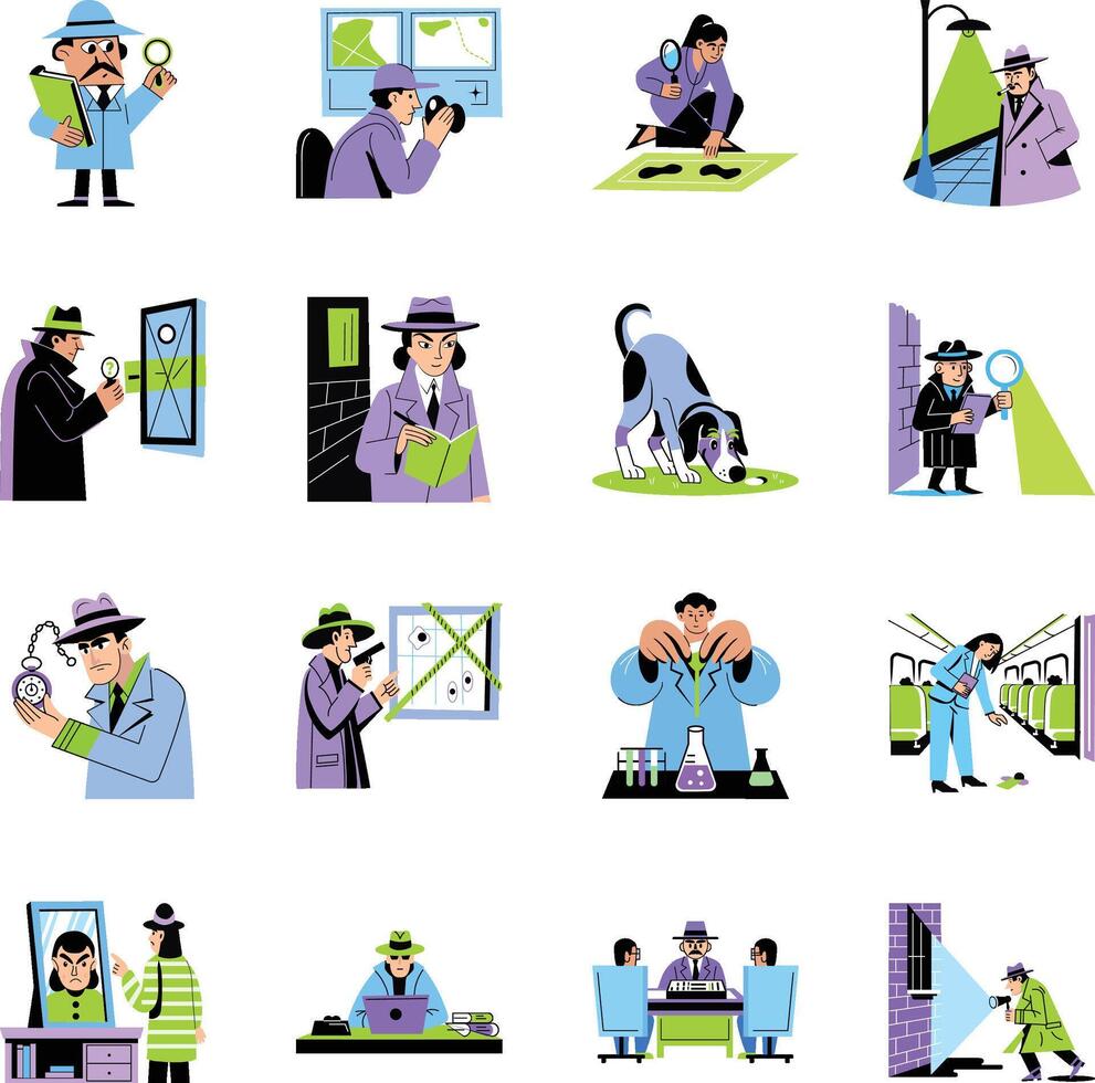 Bundle of Flat Style Detective Characters Illustrations vector
