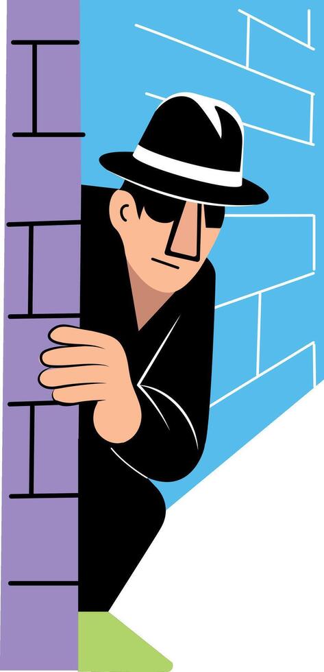 A flat illustration of a detective peeking from a wall vector