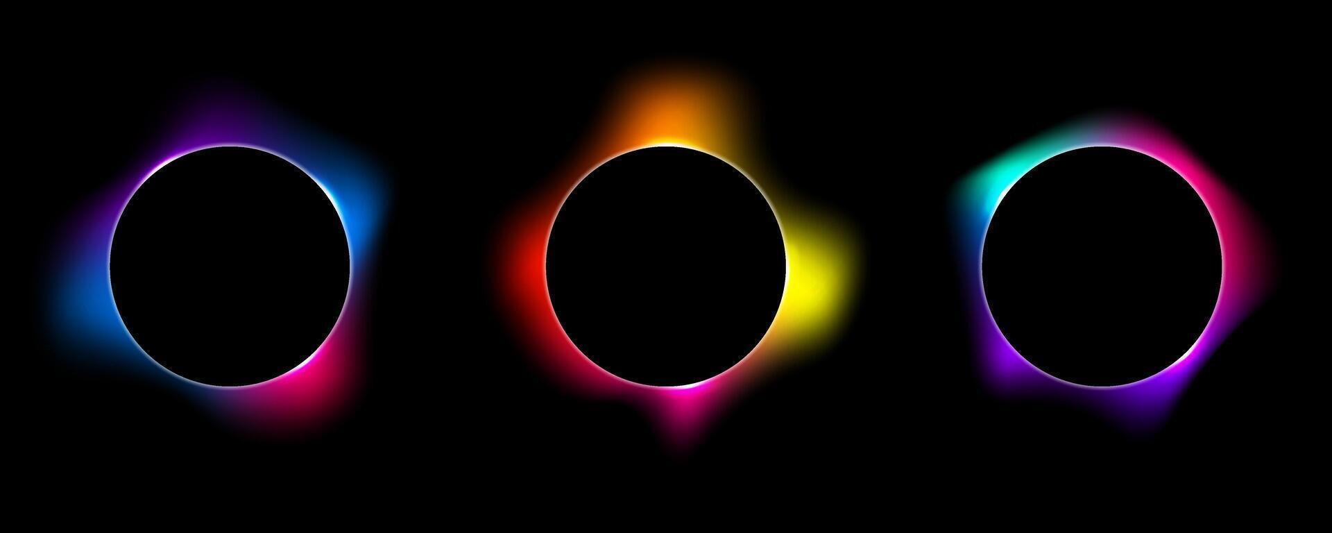 Set of illuminate frame design. Abstract cosmic vibrant color circle backdrop. Collection of glowing neon lighting on dark background. vector