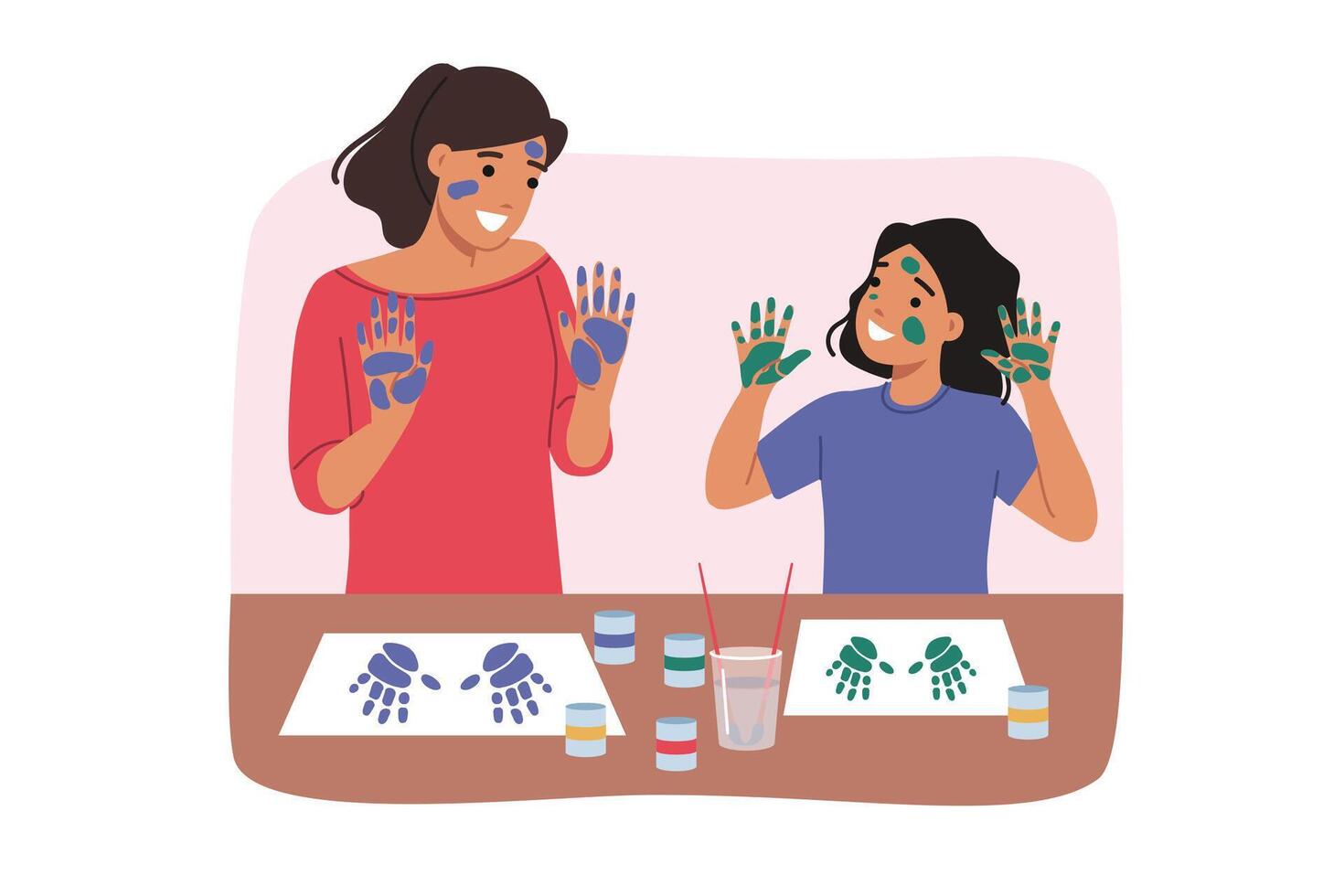 Creative pastime of mother and daughter, drawing pictures with palms, of enjoying joint hobby vector