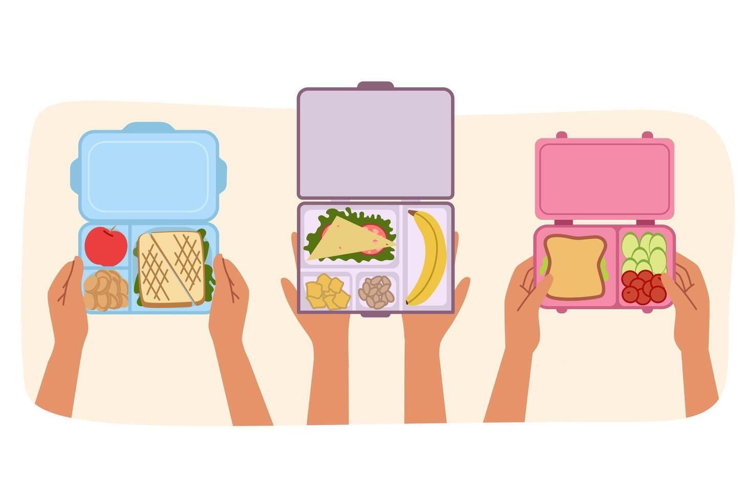 Lunch boxes with breakfast in hands of people eating sandwiches and fruits or vegetable salads vector