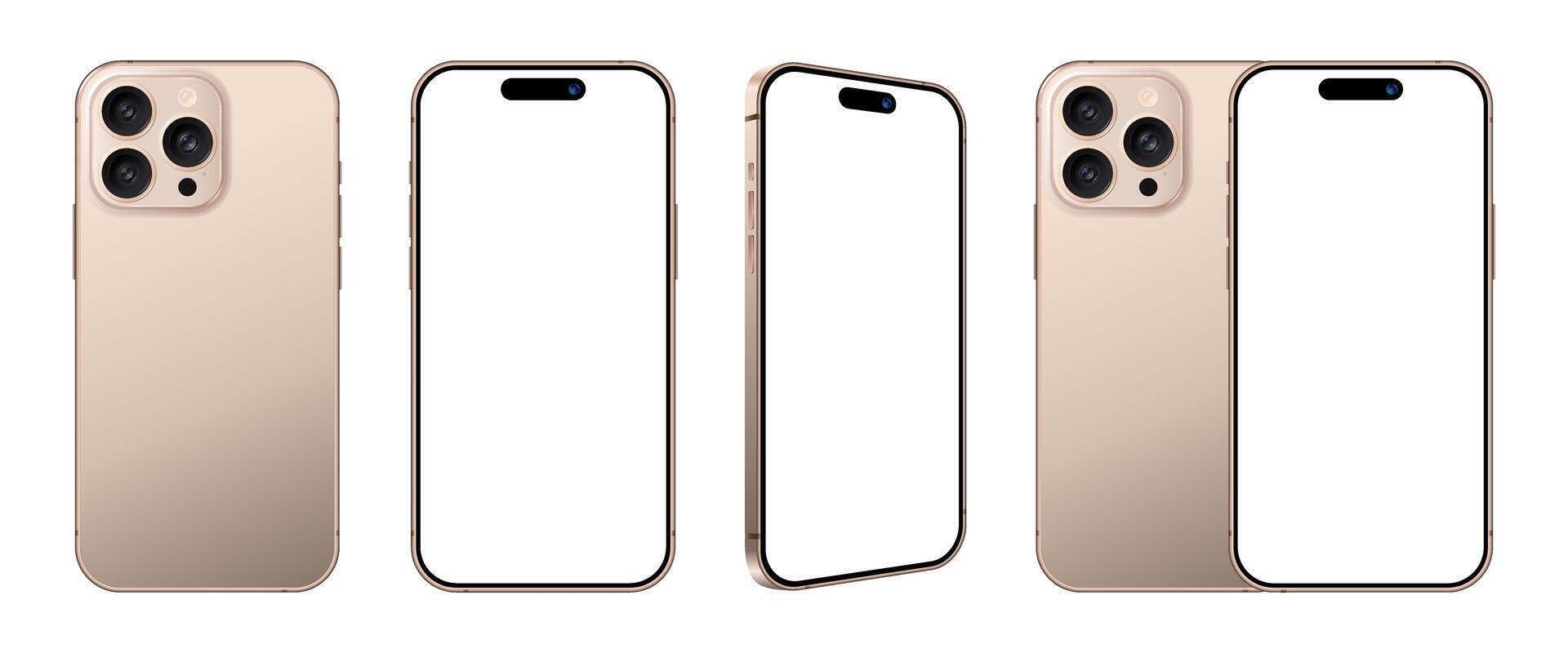 Latest smartphone device with front side and back view mockup set. Realistic gold mobile phone blank screen template for product advertisement and social media user interface design vector
