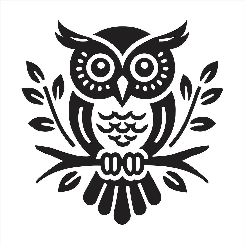 An owl is sitting on a branch with leaves vector