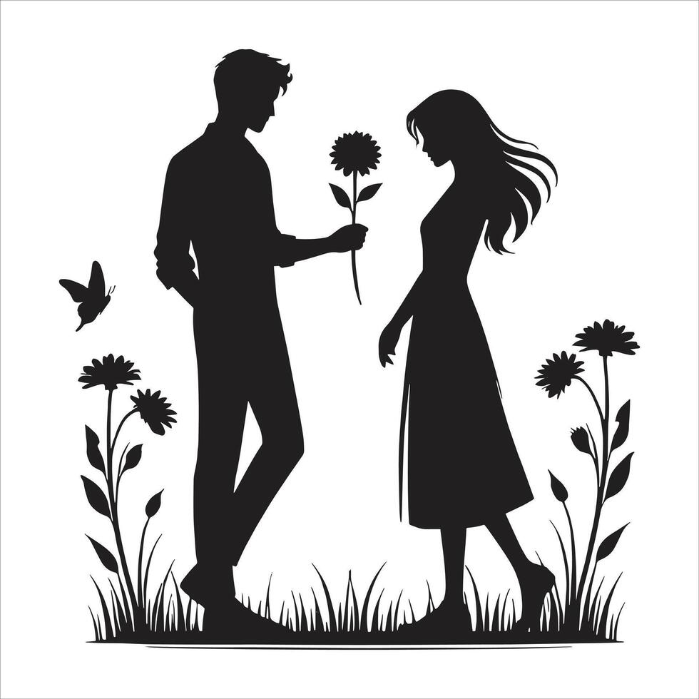 Silhouette of a man and woman standing in the grass with flowers vector