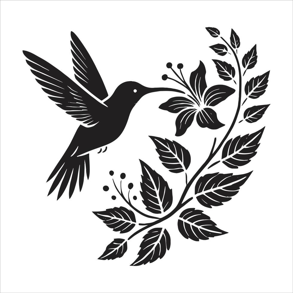 Hummingbird silhouette with leaves vector
