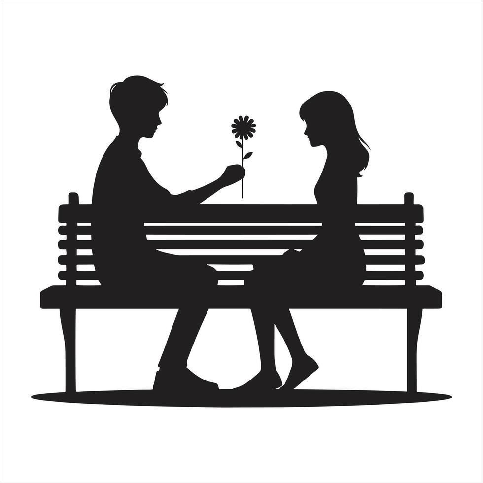 Silhouette of a man giving a flower to a woman on a bench vector