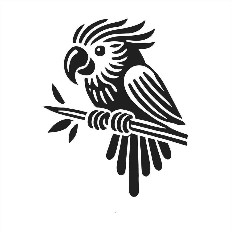 A black and white illustration of a parrot sitting on a branch vector