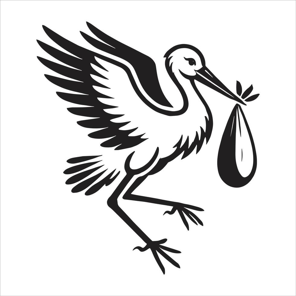 A black and white illustration of a stork carrying a baby vector