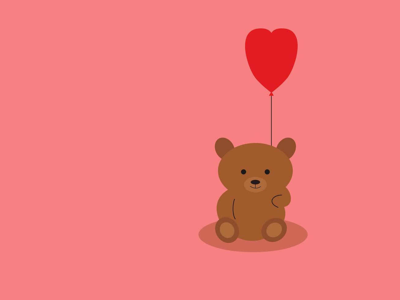 A cute brown teddy bear sits on a light pink surface holding a vibrant red heart shaped balloon vector