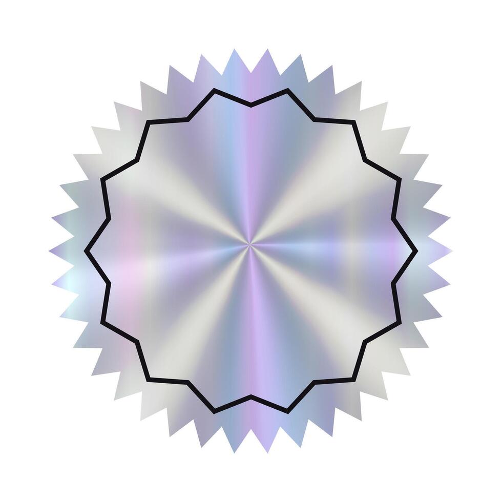 Holographic empty sticker star with lines decoration. Hologram label round shape with jagged edges. Gradient and metallic textured y2k minimalist tag. vector