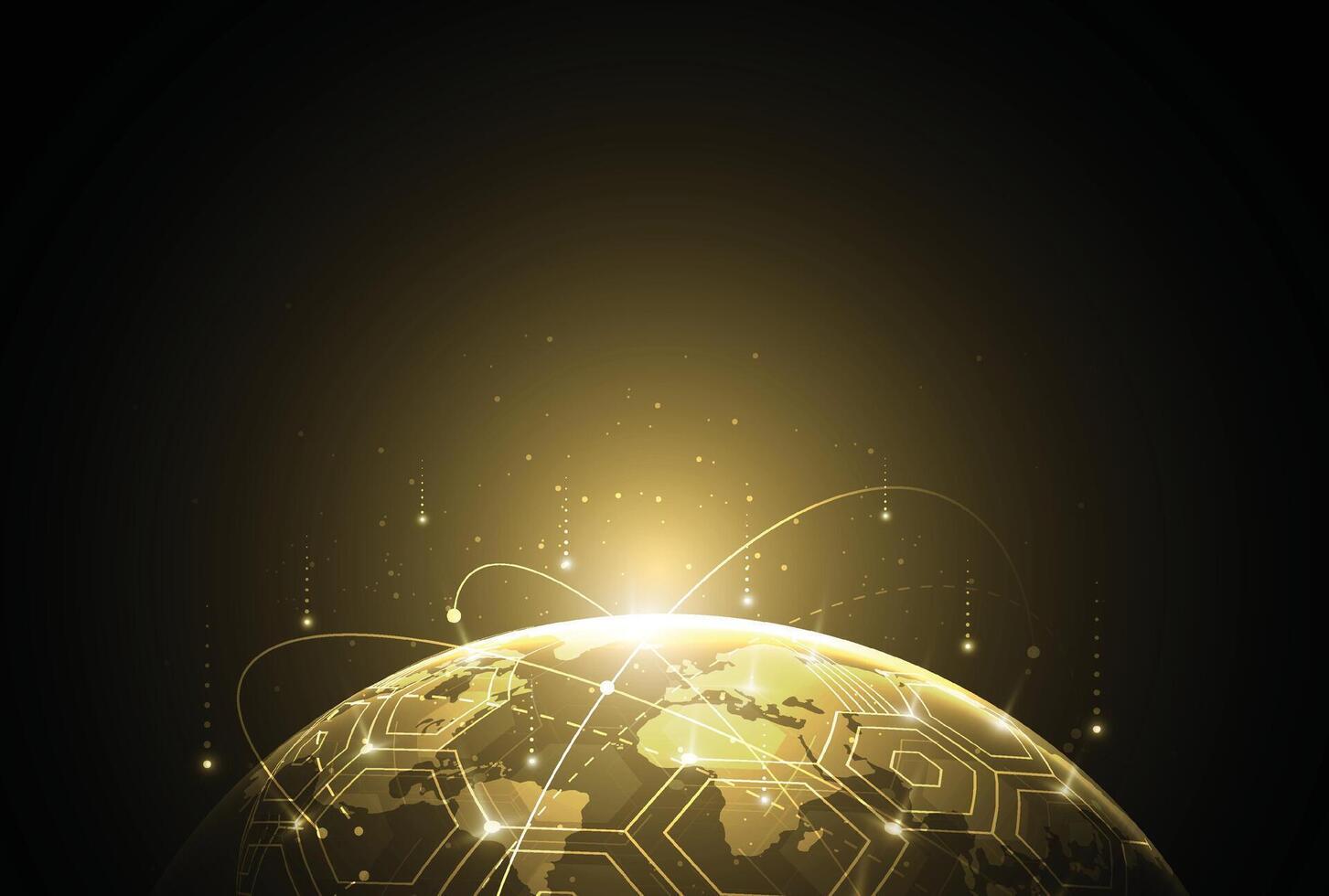 Abstract global network connection on gold background. World map point and line composition concept of global vector
