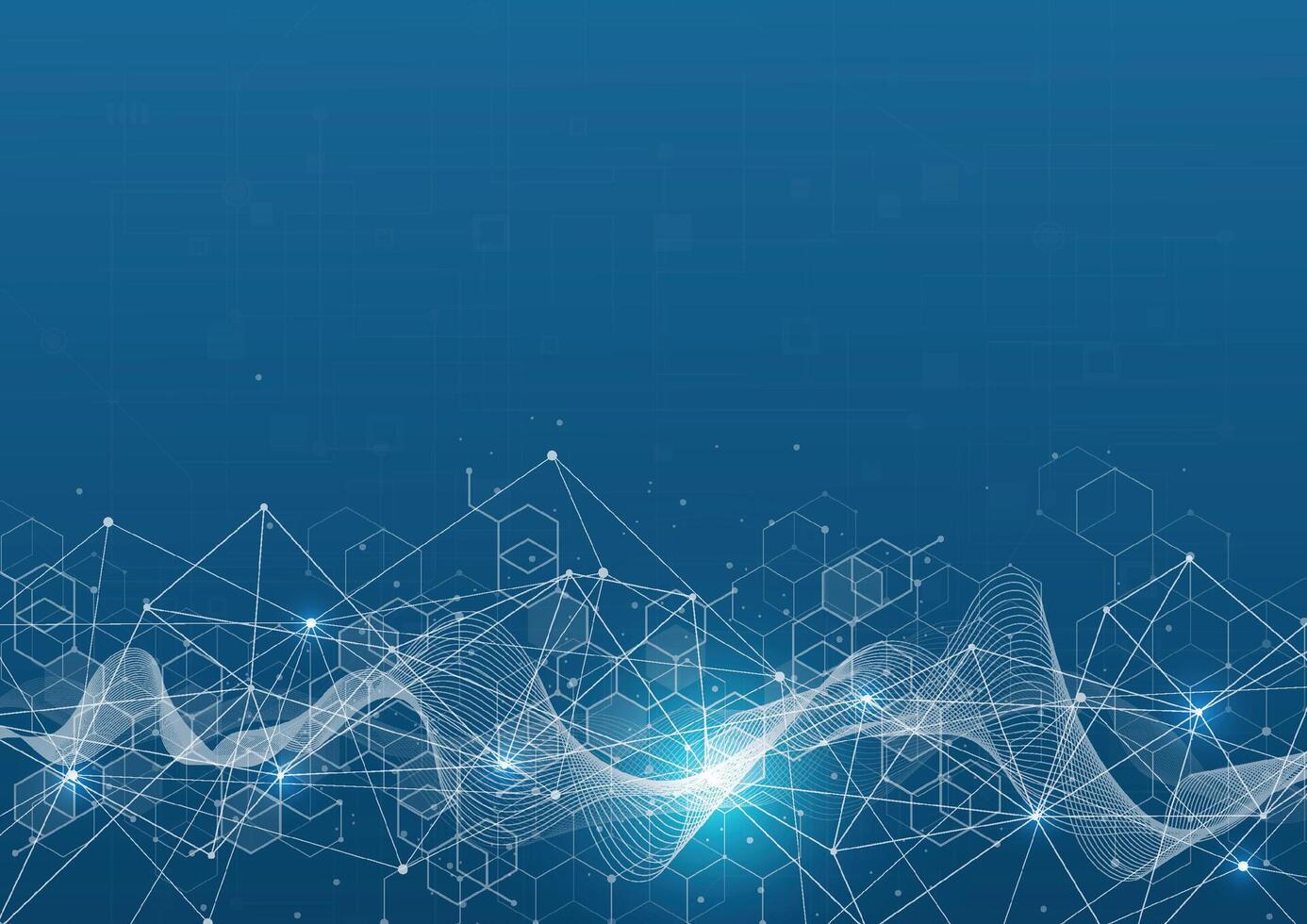 Abstract network technology communication blue hexagons background. Connection concept with mesh dots and lines vector
