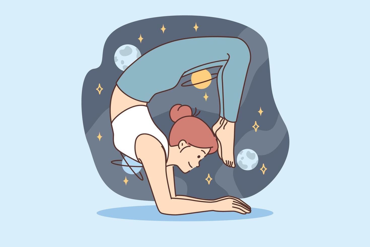 Woman practices yoga and pilates, taking difficult pose and imagining cosmos full stars and planets vector