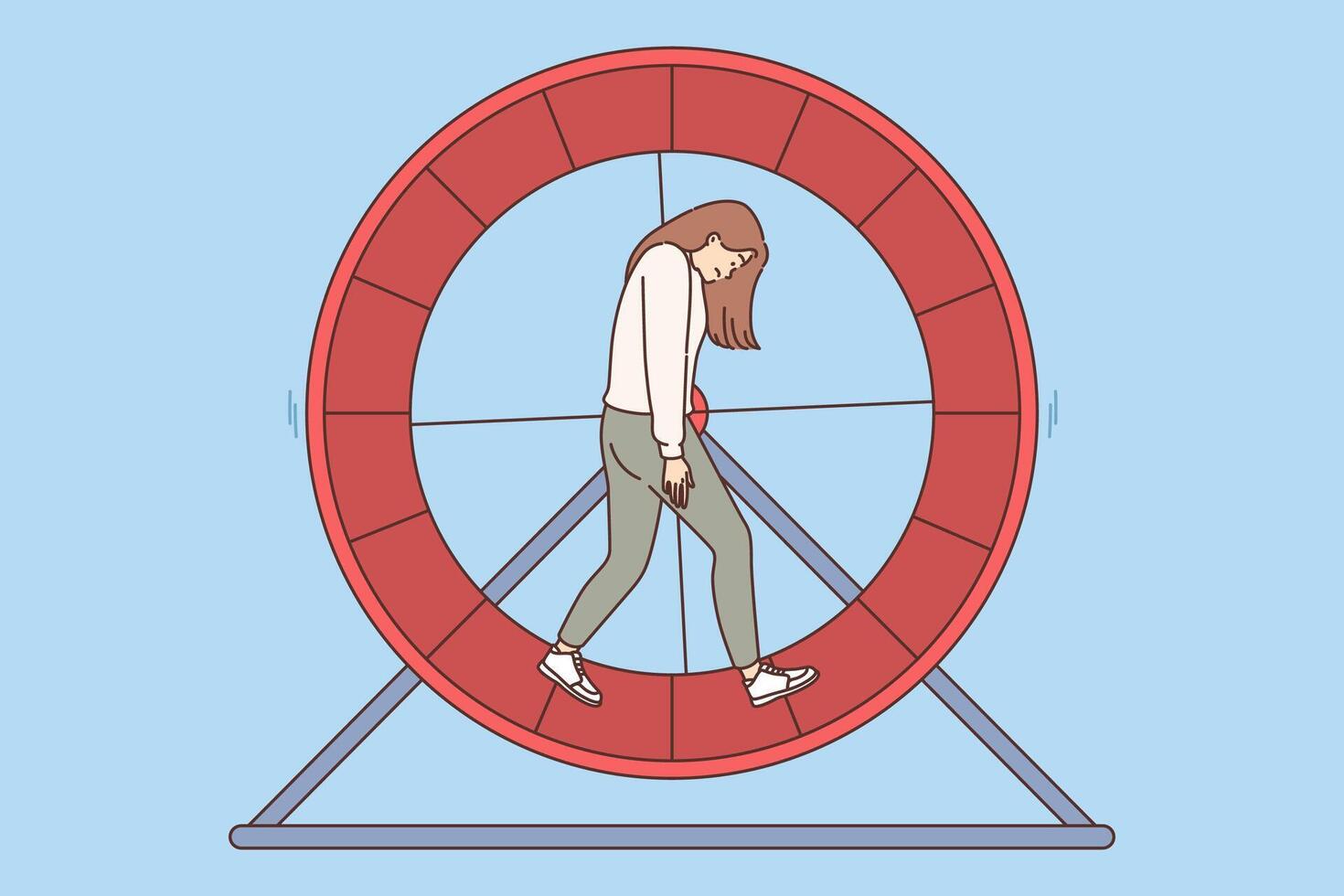 Woman experiencing melancholy and apathy performs meaningless actions, walking on hamster wheel vector