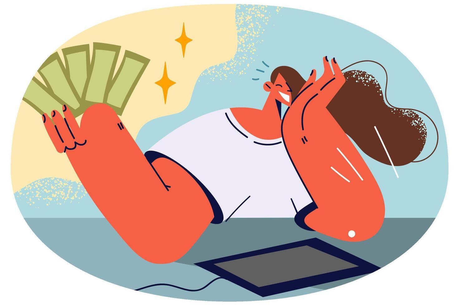 Smiling woman with money in hands work on laptop vector