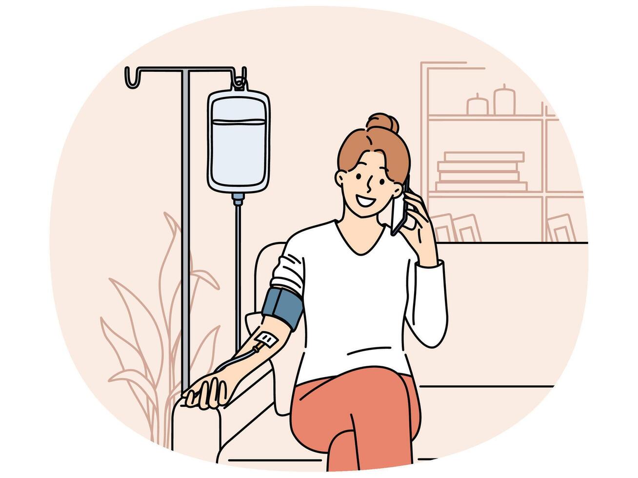 Happy woman receiving dropper with vitamins sitting on couch at home and talking to doctor on phone vector