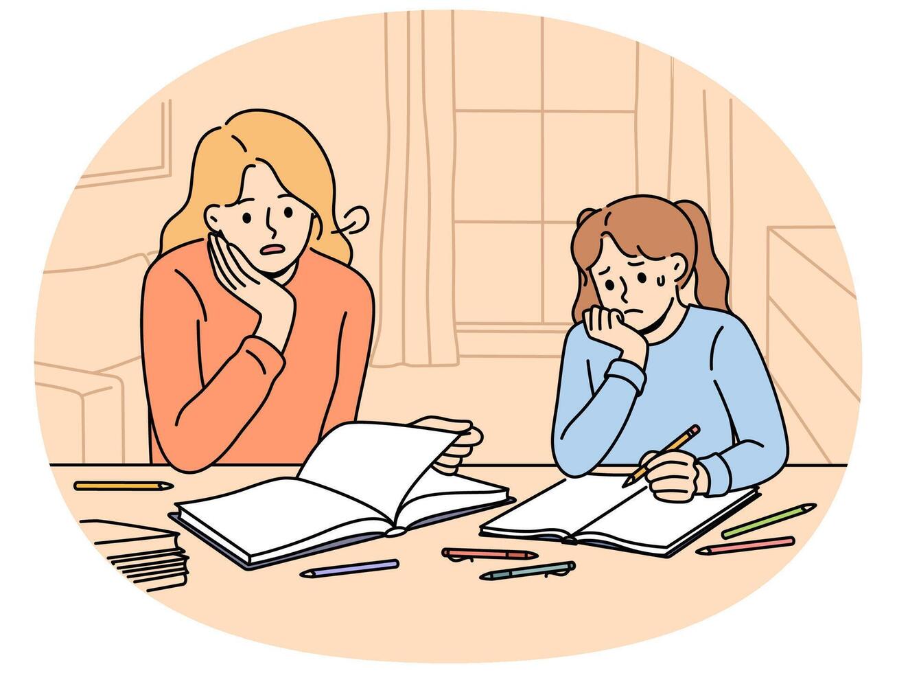 Woman helps daughter do extracurricular work and is upset by child lack knowledge and poor education vector