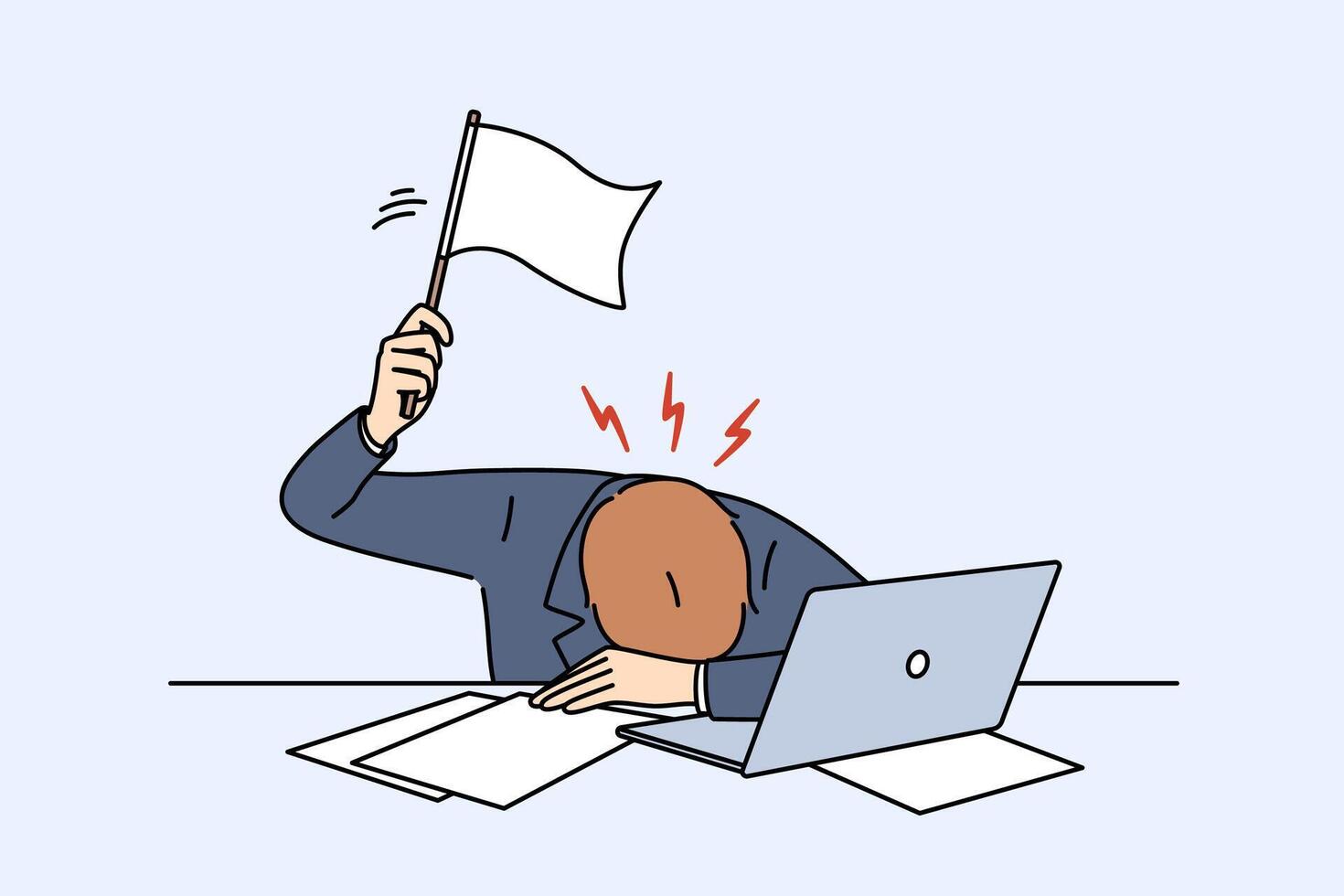 Stressed business man waving white flag after professional burnout, lying at workplace with laptop vector