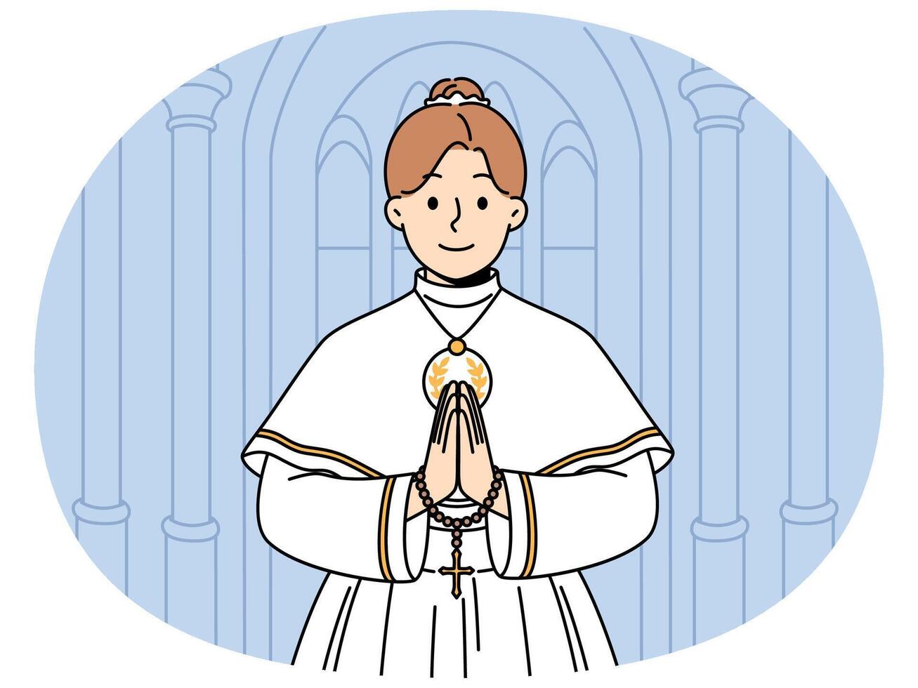 Little catholic girl takes part in first holy communion and stands in temple making prayer gesture vector
