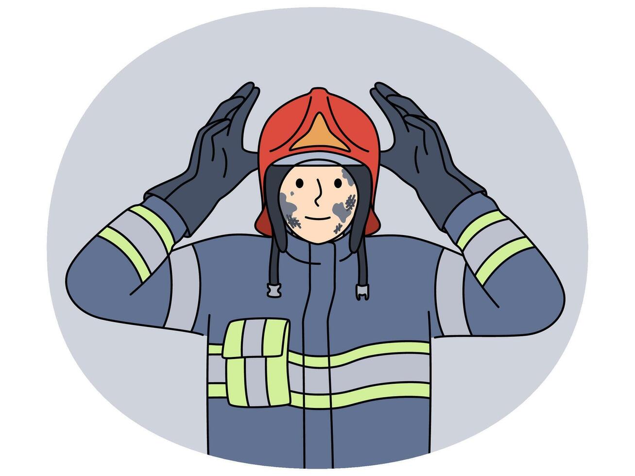Man firefighter in uniform with traces of soot on face after extinguishing burning building vector