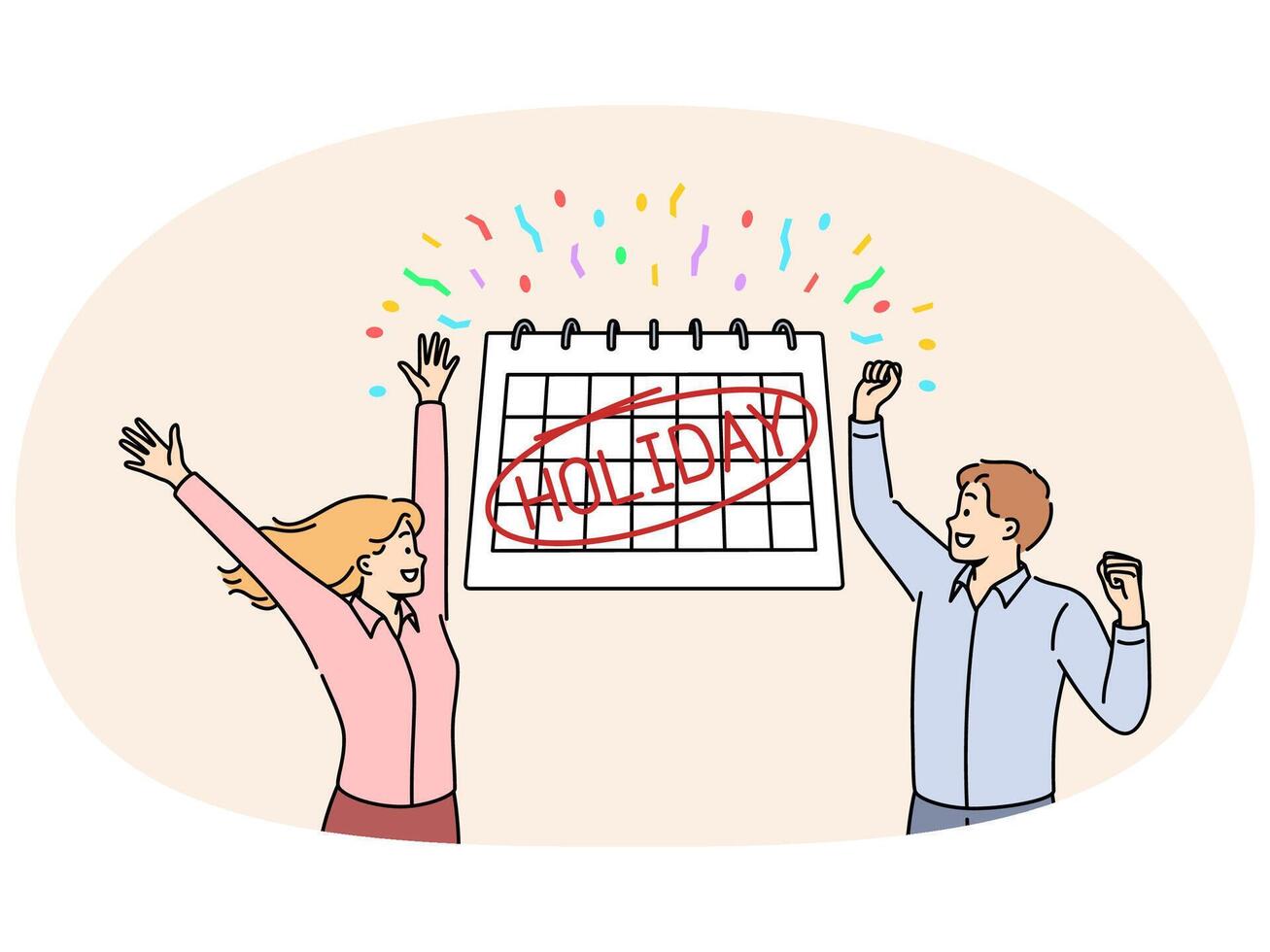 Happy man and woman stand near calendar with inscription holiday, and celebrate beginning vacation vector