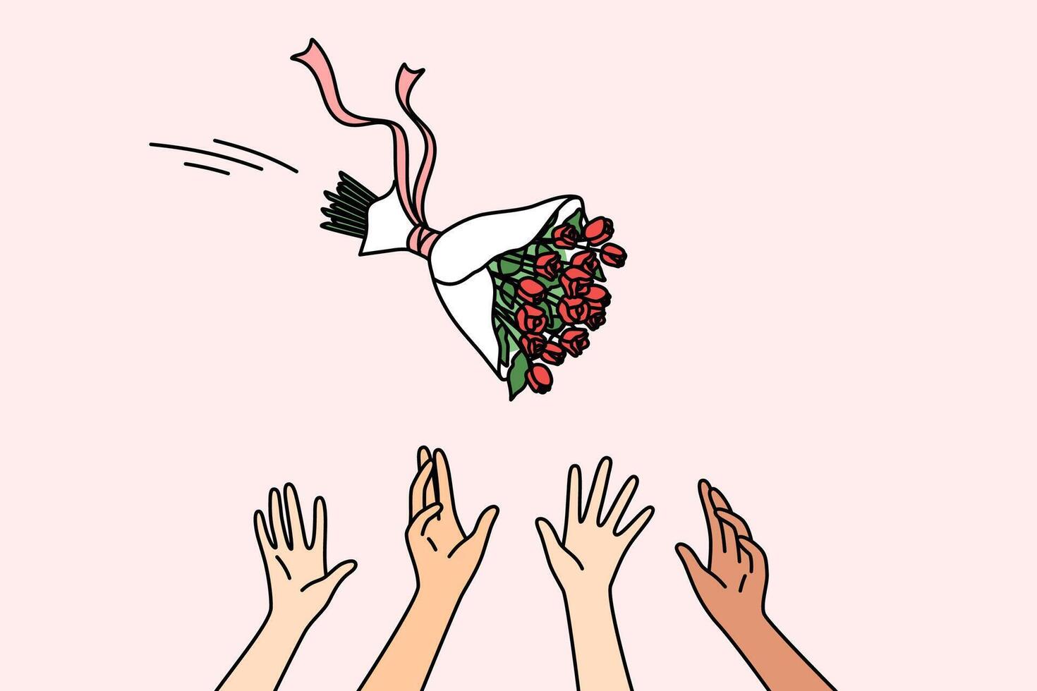 Maids of honor catch bride bouquet during wedding ceremony and traditional game for women vector