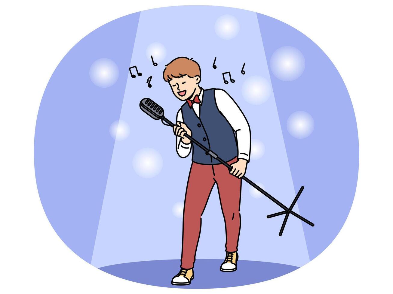 Talented boy singer holds professional microphone on tripod standing in light of spotlight vector