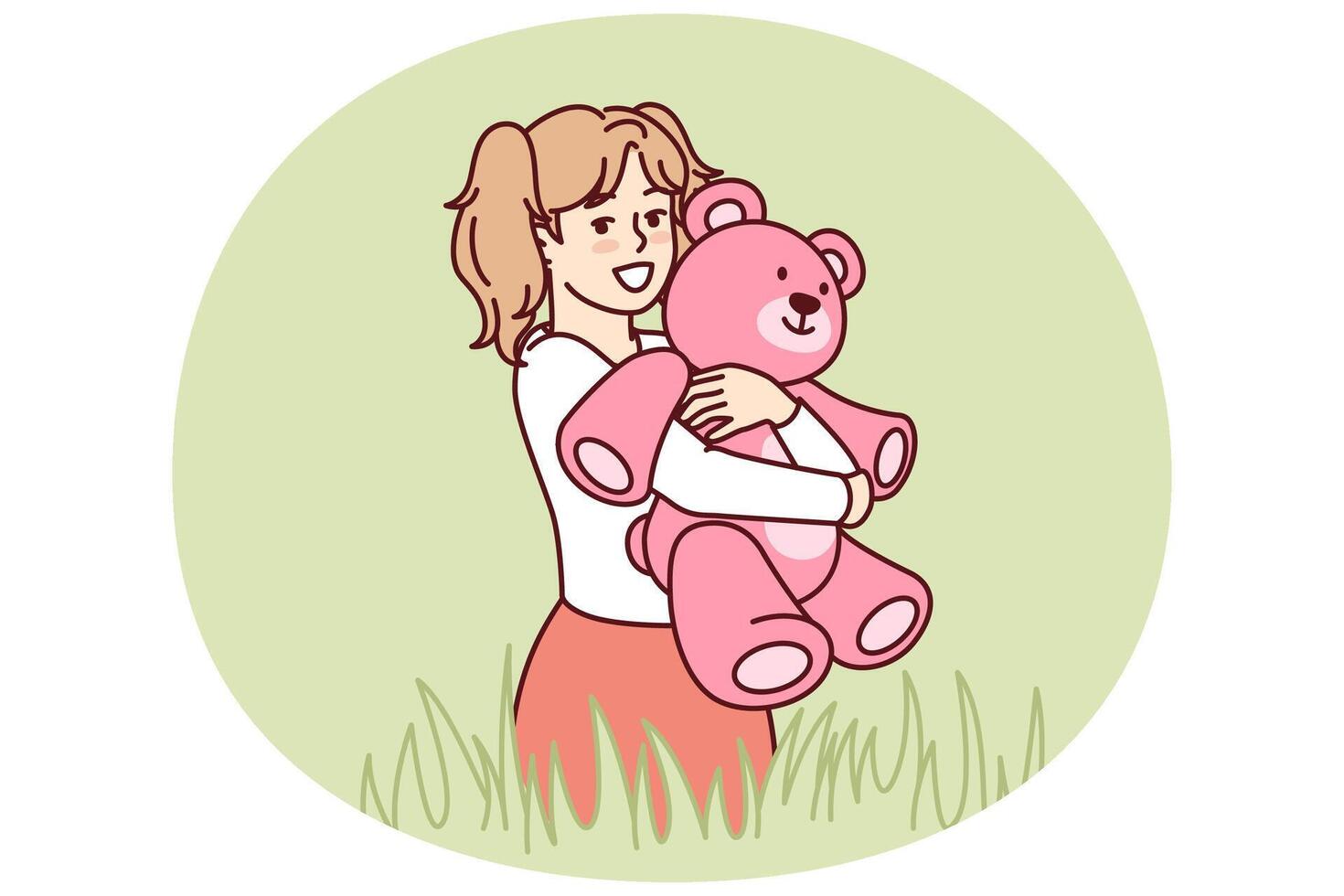 Happy little girl with teddy bear in hands stands in meadow among tall grass and looks at screen vector