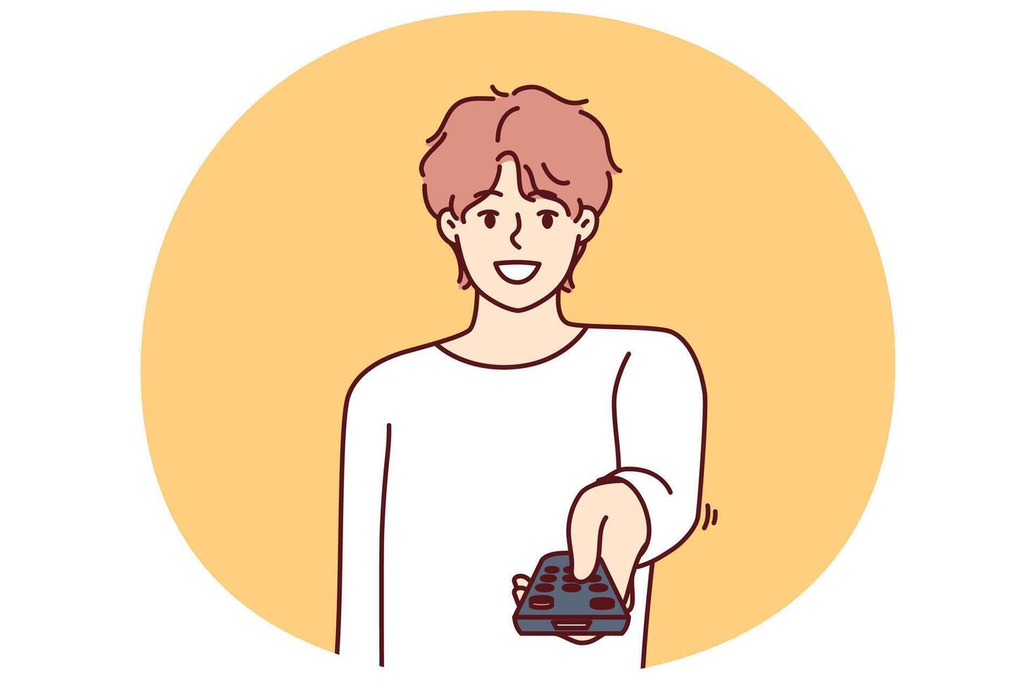 Man holds television remote control switches cable TV channels and smile, choosing interesting show vector