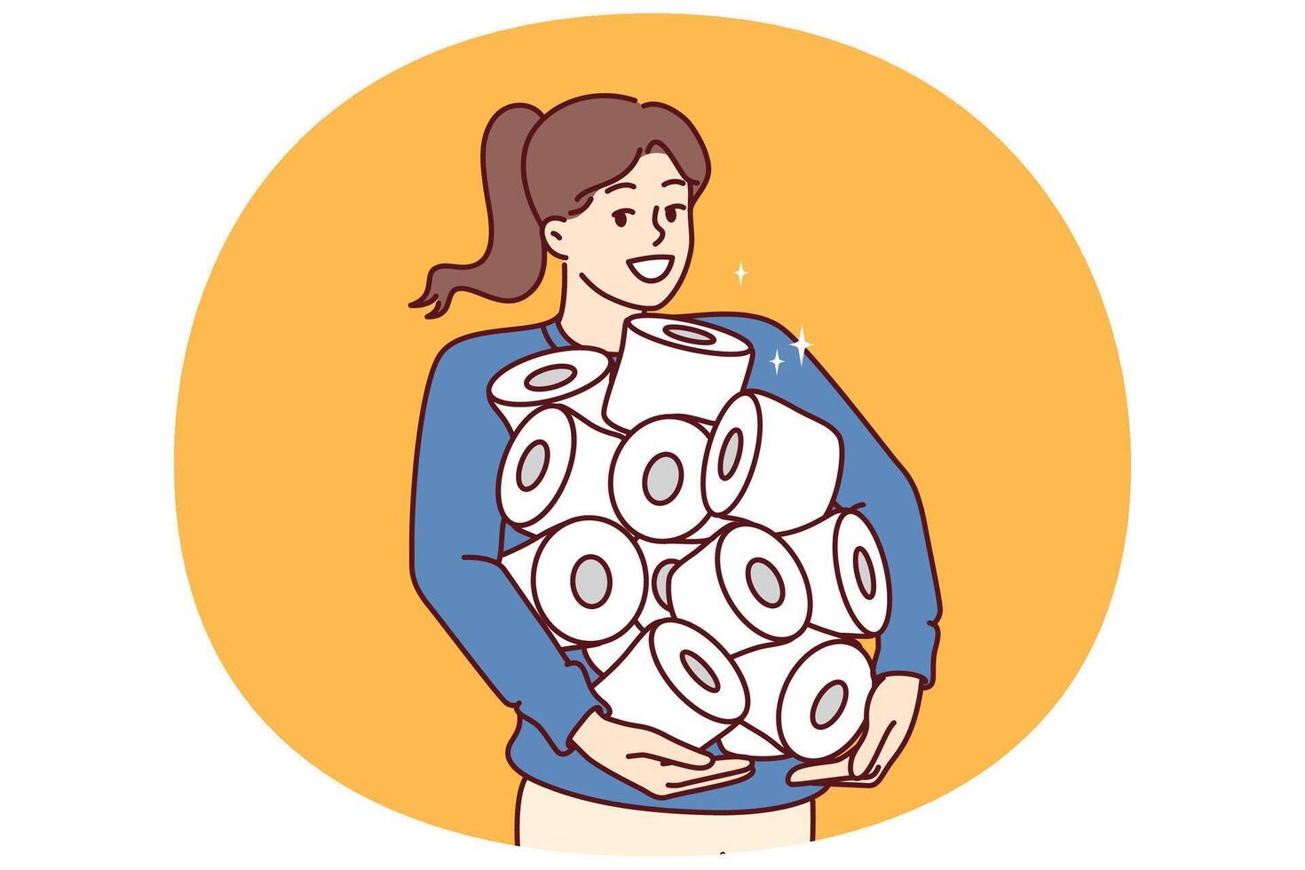 Pile of toilet paper in hands of happy woman stocked up in case of quarantine or hurricane threat vector