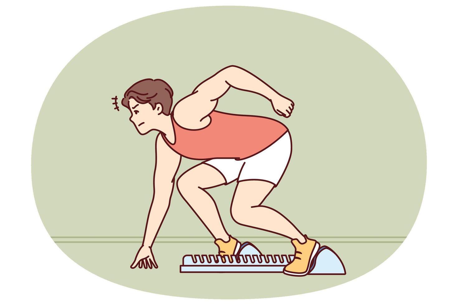 Man sprinter prepares for race at running standing in starting position in sports stadium vector