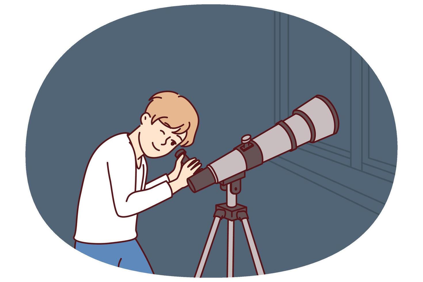 Teenager boy with telescope watches stars and is fond astrology while standing near window vector