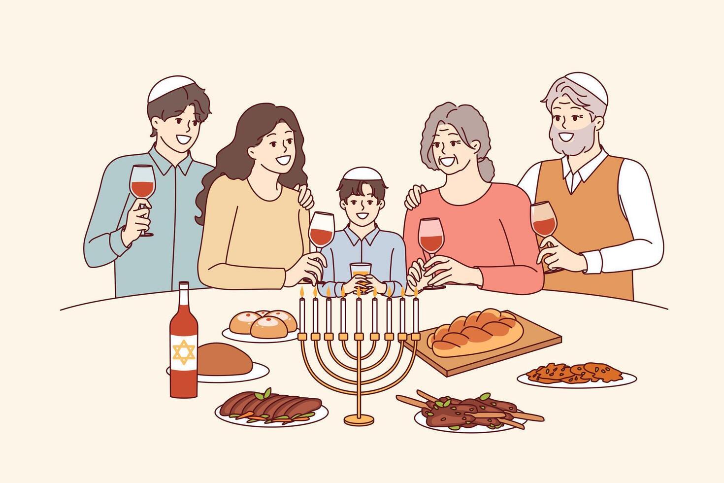 Jewish family at festive table with minor, drinks red wine and eats traditional food vector