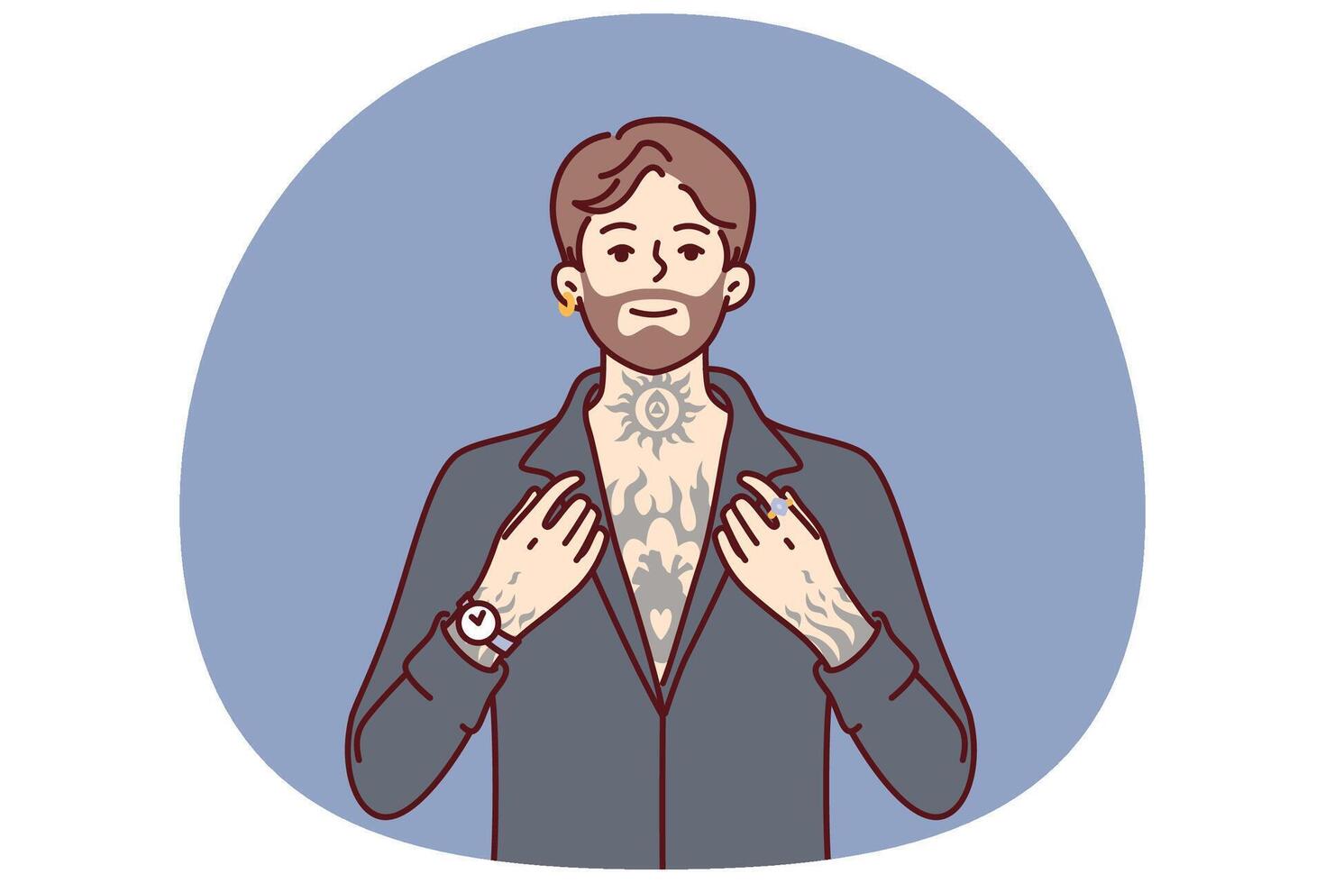 Hipster man with tattoos on body and beard on face poses in clothes for going to club or party vector