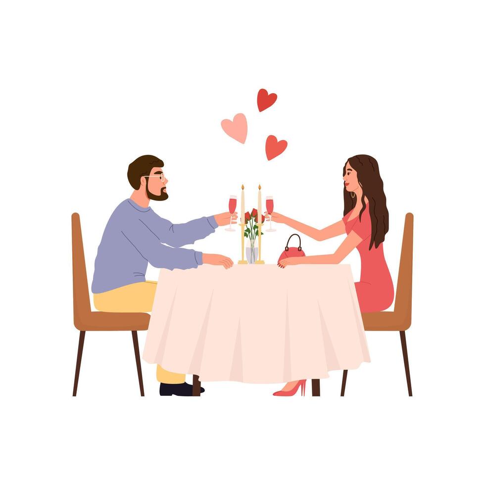 Happy couple celebrating Valentine's day with wine in cafe. Lovers on a romantic date. Young man and woman sitting in a restaurant. isolated on the white background vector