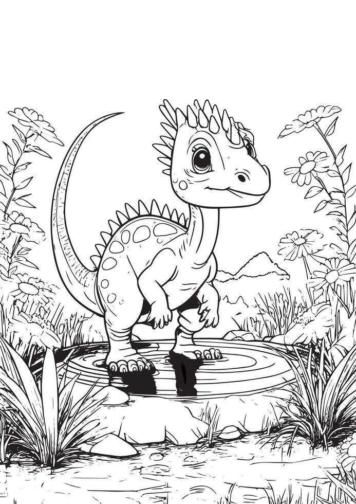 Adorable Baby Dinosaur by a Pond in a Jungle Scene vector