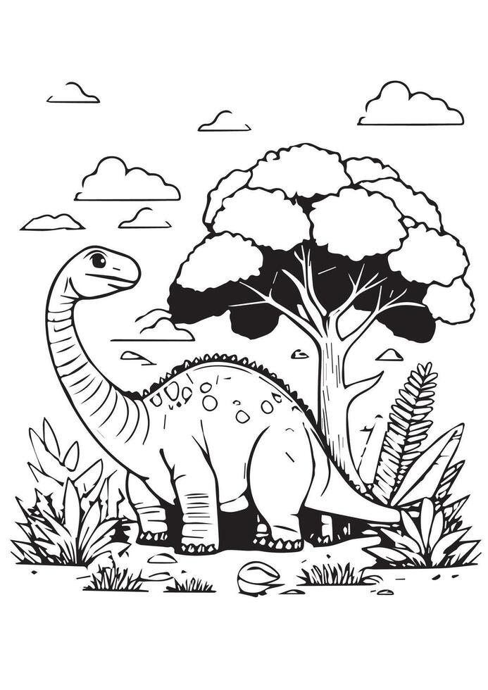 Friendly Brontosaurus Under a Tree in a Prehistoric Jungle Scene vector