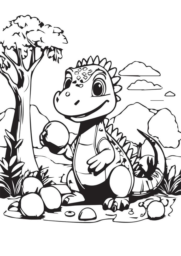 Playful Baby Dinosaur with Eggs in a Prehistoric Scene vector